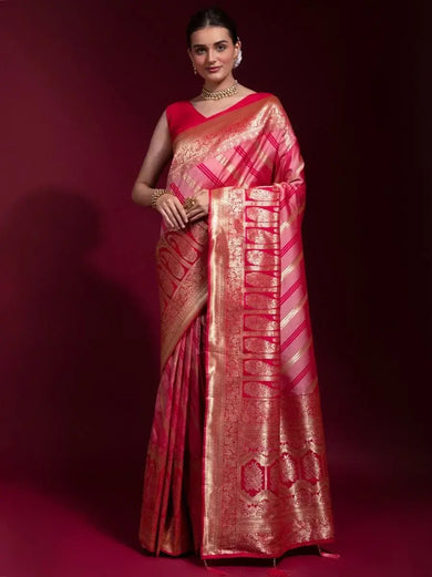 Abundant Pink Zari Weaving Silk Festive Wear Saree With Blouse